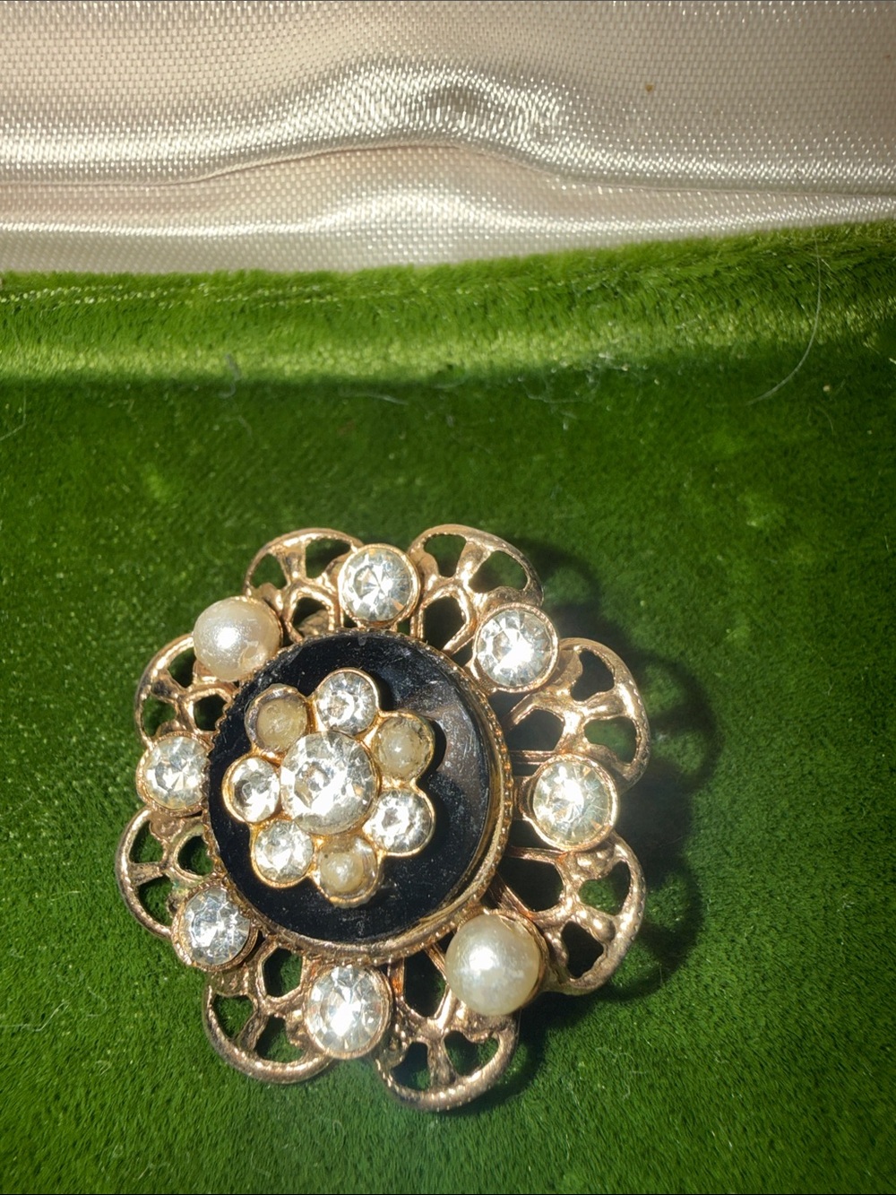 Gold-Tone Black, Green and Pearl Floral Crystal Brooch